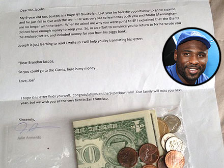 Brandon Jacobs Fan Sends Piggybank Savings to the Superbowl Winner