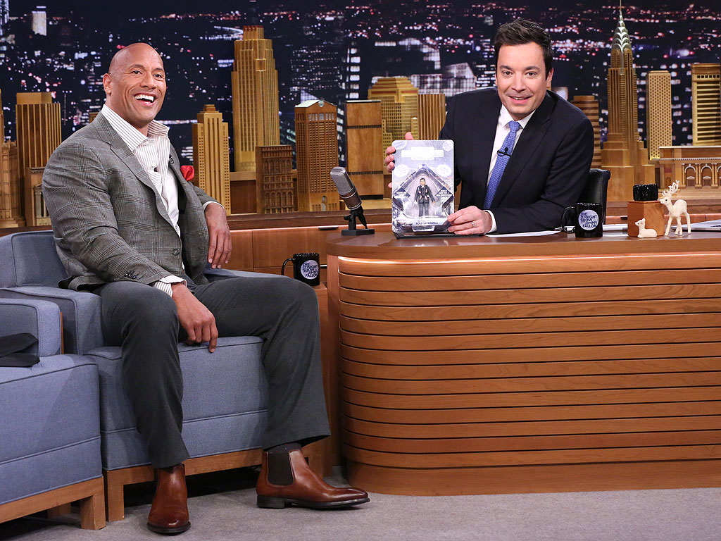 dwayne the rock johnson gives jimmy fallon action figure dwayne the rock johnson gives jimmy fallon action figure