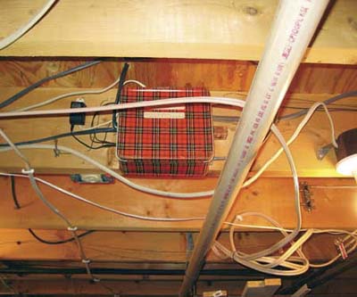 vintage plaid lunchbox used as junction box