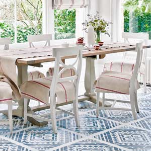 dining area with stenciled on painted rug