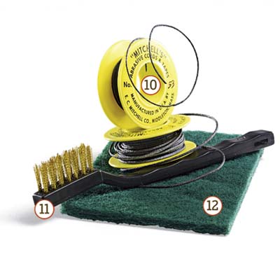 sanding cord, brass-bristled brush and Scotch-Brite pad 
