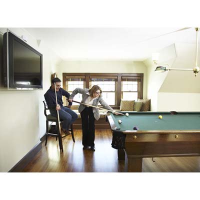 couple playing pool, Newton, shingle-style house, billiards room
