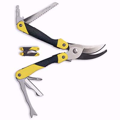 Leatherman bypass pruner combined with saw, weed digger, ruler, and screwdrivers