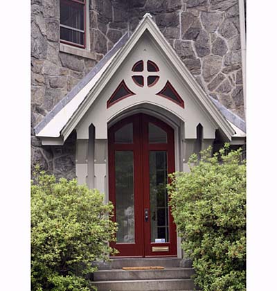 Exterior paint on Gothic-style entry