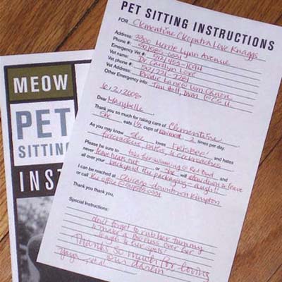 sheets designed to give pertinent pet information for dog walkers or dog sitters 