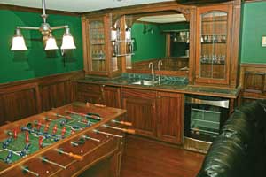 basement family room with pool table