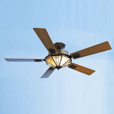 ceiling fan with an Arts and Crafts design and teak-veneer blades