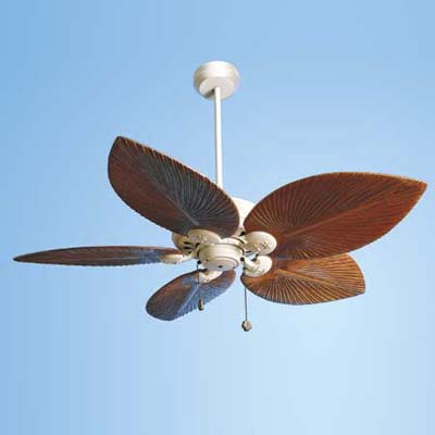 ceiling fan with oak blades hand-carved to look like palm fronds