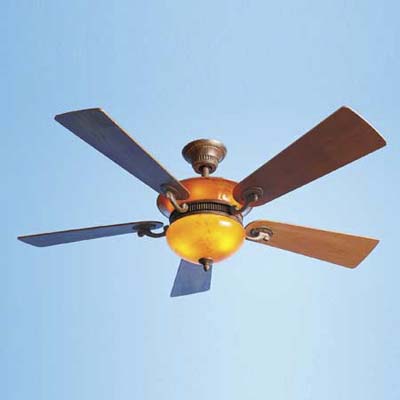 ceiling fan with an amber, blown-glass uplight