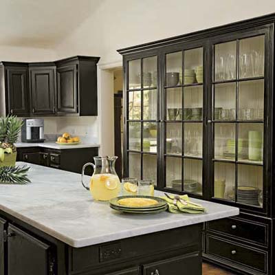 glass door cabinets and kitchen island