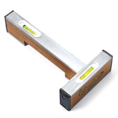 Mighty Tee landscape level with two arms, each fitted with a glass vial from Portaustin Level and Tool