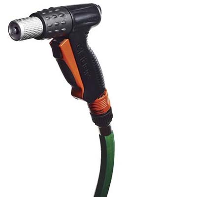 Point and Shoot Black Garden Hose Nozzle with variable spray, a metal tip, a rear-mounted volume control, and an atypical front-mounted trigger