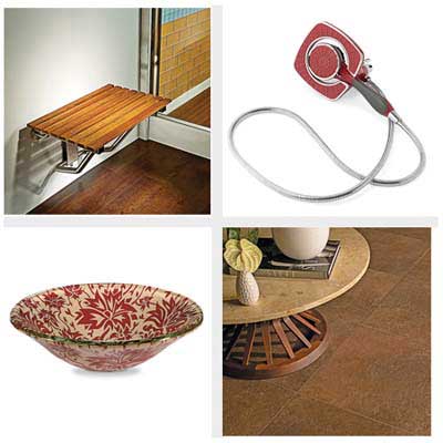 kitchen and bath products, showerhead, shower bench, floor tiles, basin sink