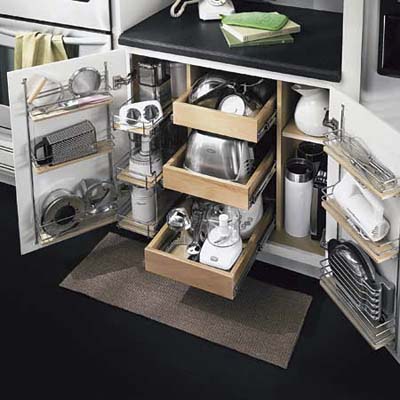 create storage areas down below, such as this multidimensional pull-out shelf