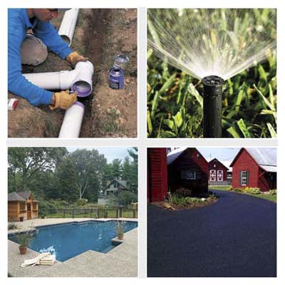PVC piping, sprinkler, swimming pool, asphalt driveway
