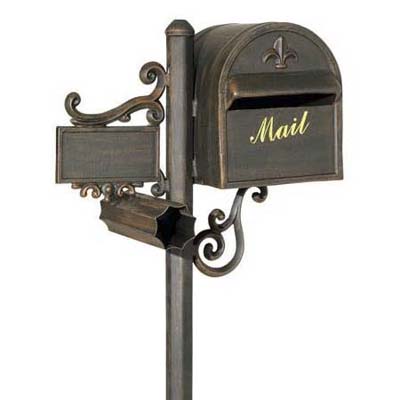 customizable post-mount mailbox from fleur de lis with newspaper slot and scroll pattern