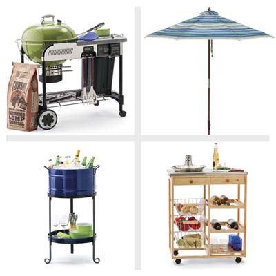 grill with charcoal and tools, kitchen cart, beverage tub and patio umbrella