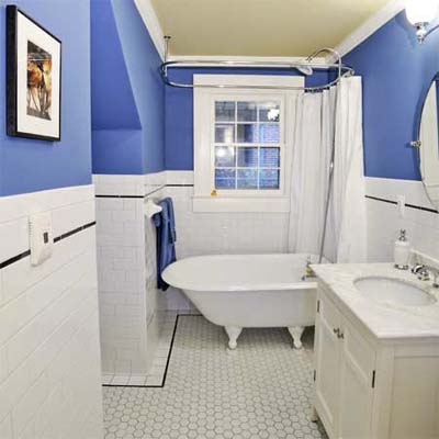 cottage bathroom with black and white floor tile