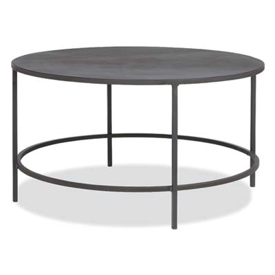 a low, round, steel coffee table