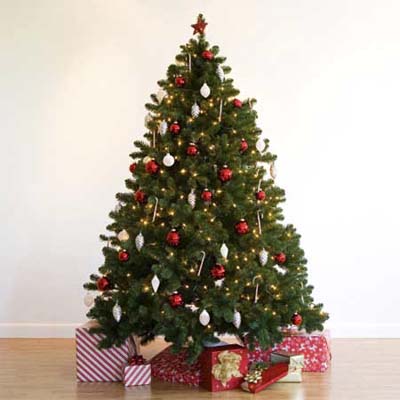 fully decorated christmas tree with presents underneath not close to fire
