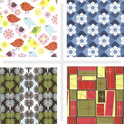 four examples of colorful gift wrap from the greenfield paper company made from one hundred percent recycled materials