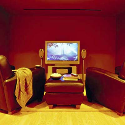 media room converted from a basement at the Winchester TV Project from 2002