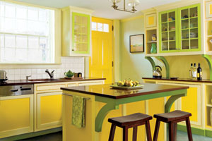 bold kitchen painted with yellows of equal intensity