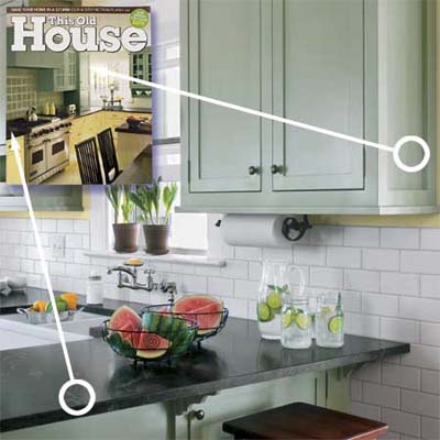shaker-style green cabinets and black-granite countertops inspired by a cover of this old house magazine