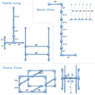 cut diagrams of three excise units of a pet agility course