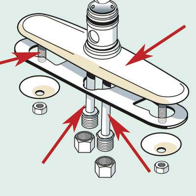 kitchen faucet with emphasis on the escutcheon, water supply lines and mounting bolt