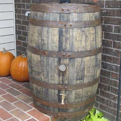 recycled whiskey barrel for use as a rain catchment