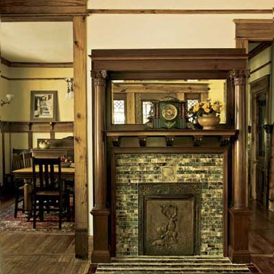 mahogany and tile mantel reclaimed and refinished