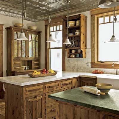 remodeled kitchen displaying hand-crafted cabinets and reclaimed tin ceilings 