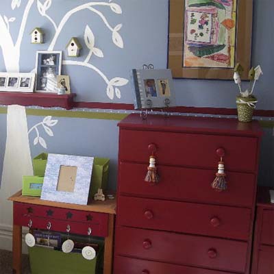 mismatched bedroom furniture painted a matching red color