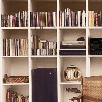 vertical dividers built into a bookcase under a staircase