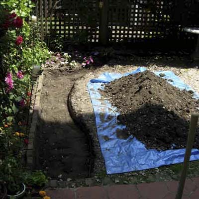 A garden under construction, with plant beds dug out