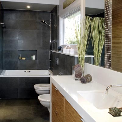 zen style bath with porcelain undermount sink with coral and long grass as decor