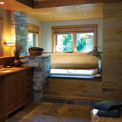 zen style bath with wood, stone and marble motifs
