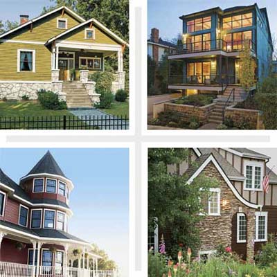 composite of four houses showing a variety of wood window styles