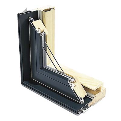 cross section of a window showing the exterior clad protecting the wood surfaces of a window