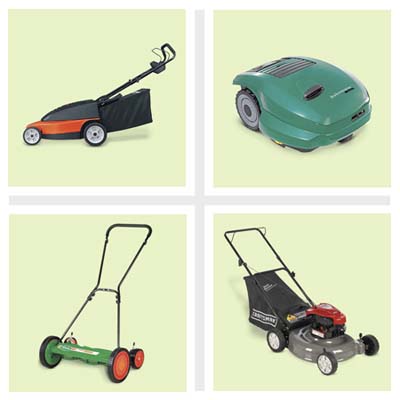 four different lawn mowers