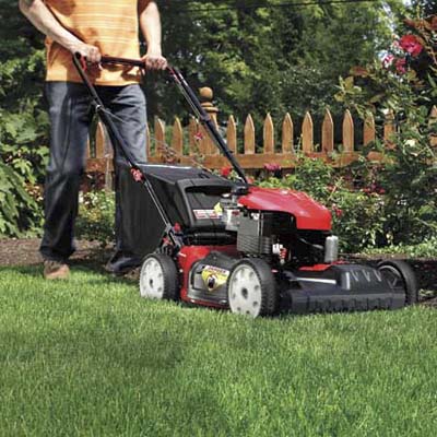 man mowing the lawn near flower bed