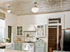 tin ceiling installed in a retro look kitchen