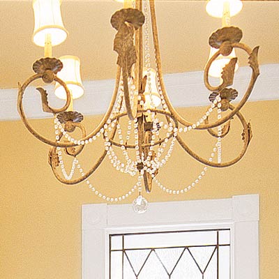 elegant bathroom with decorative chandelier