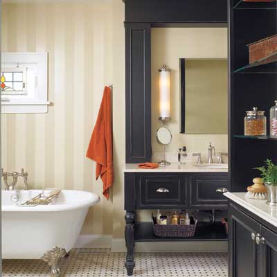 bathroom before and after: gentleman's club style bath with wood built-ins