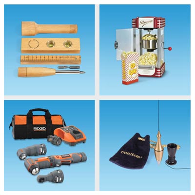 wooden measuring tools, popcorn maker, power tool set and a plum bob