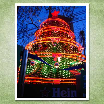 christmas tree made out of heineken beer bottles