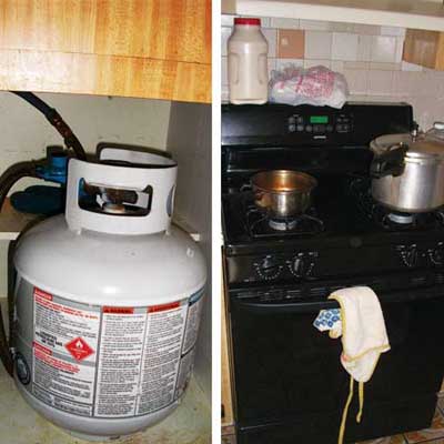 the propane tank installed in a cabinet and the gas stove that it supposedly powers