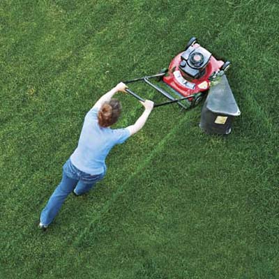 woman pushing lawn mower on green yard