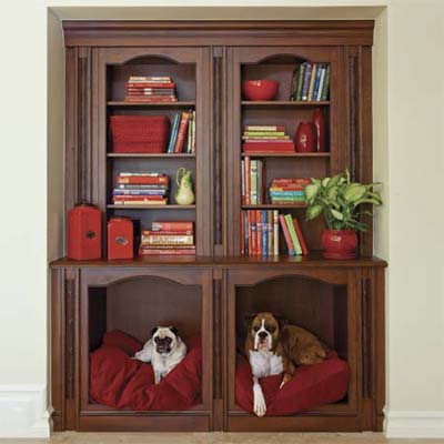 custom built pet niche constructed into the bottom of a bookcase